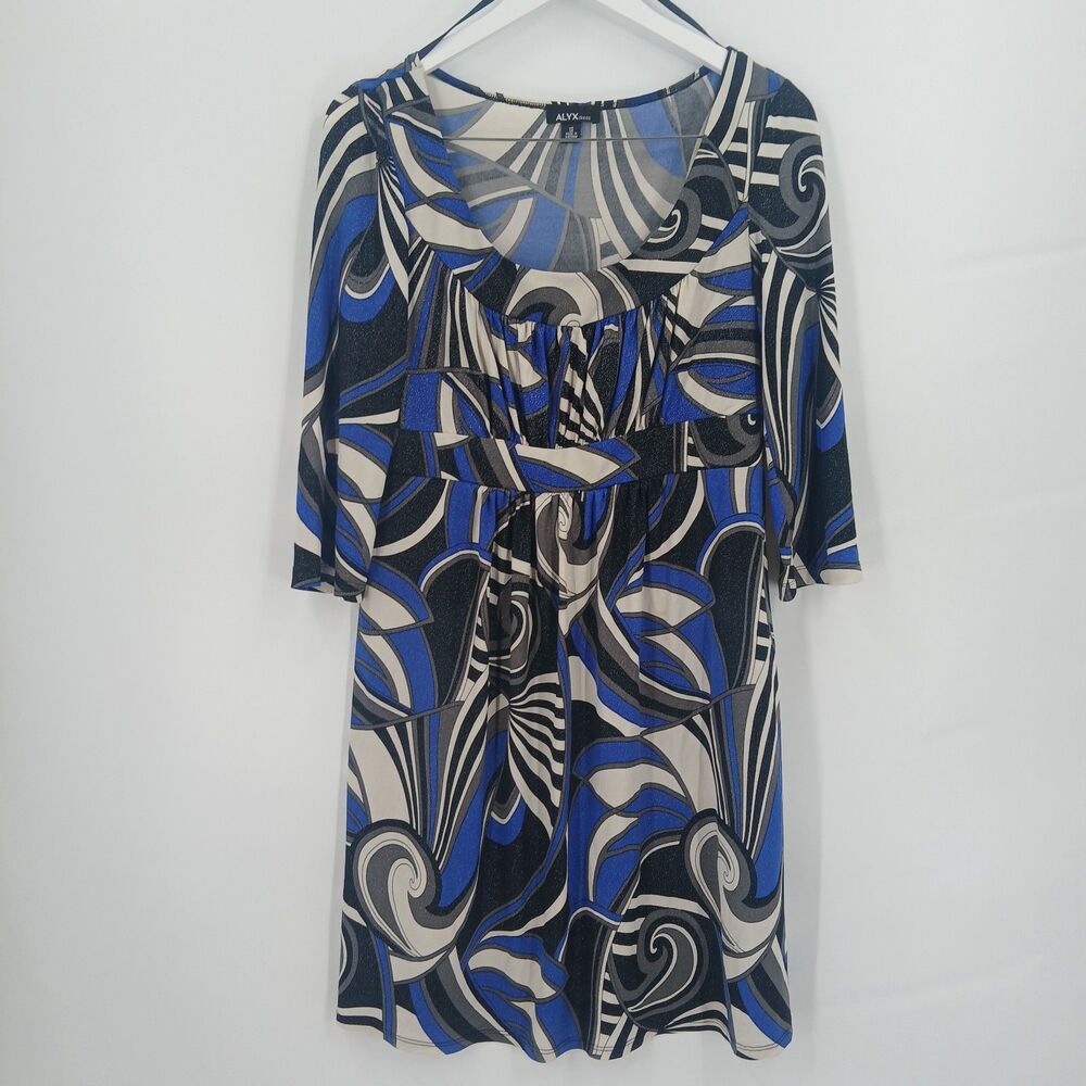womans Alyx Blue Black Print V-Neck 3/4 Sleeve Shift Dress Size 12